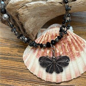 Elegant Black Beaded Butterfly 18” Necklace